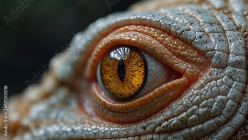 A close up of an albino lizard s eye with its pupil open .