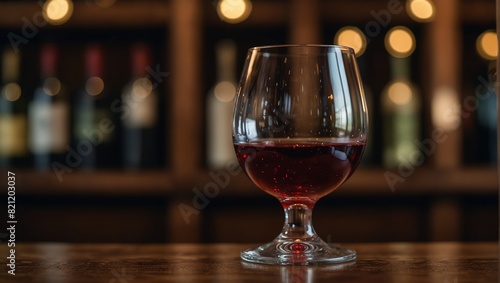 A close up of two wine glasses on a wooden bar,.