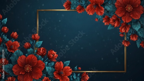Fototapeta Naklejka Na Ścianę i Meble -  A decorative frame with red flowers and leaves on a blue background,.