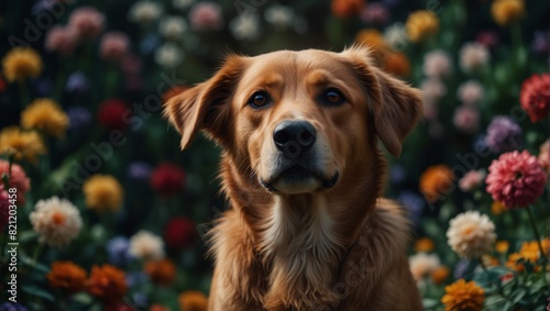 A dog is in front of a floral background with flowers,.