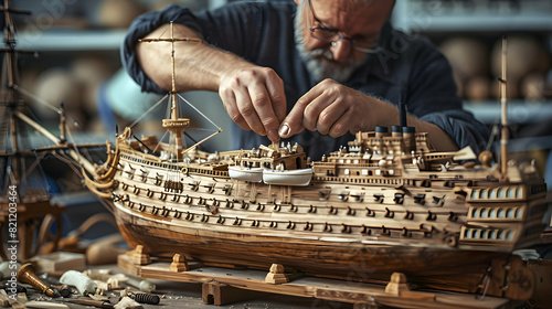 Crafting History: The Art of Model Ship Building   A man building intricately detailed model ships, showcasing patience, precision, and historical interest in this captivating hobb photo