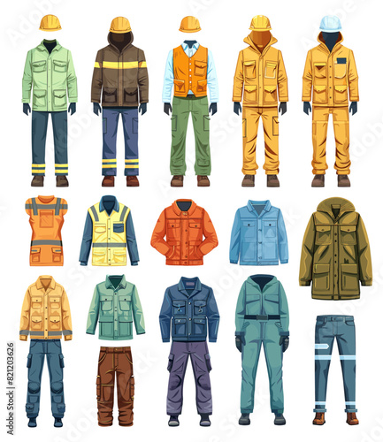 Cartoon Set of Different Overalls for Work in Production, Construction, Industry. Simple Vector Illustration. White Background, Worker Uniforms, Occupational Clothing, Industrial Safety Gear