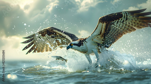 Masterful Osprey: A stunning photo realistic image capturing an osprey diving into the water with precision to catch a fish, showcasing its unparalleled skill as a bird of prey P