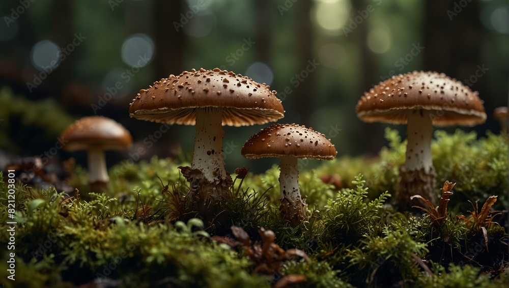 Fototapeta premium A group of brown mushrooms growing on moss in a forest.