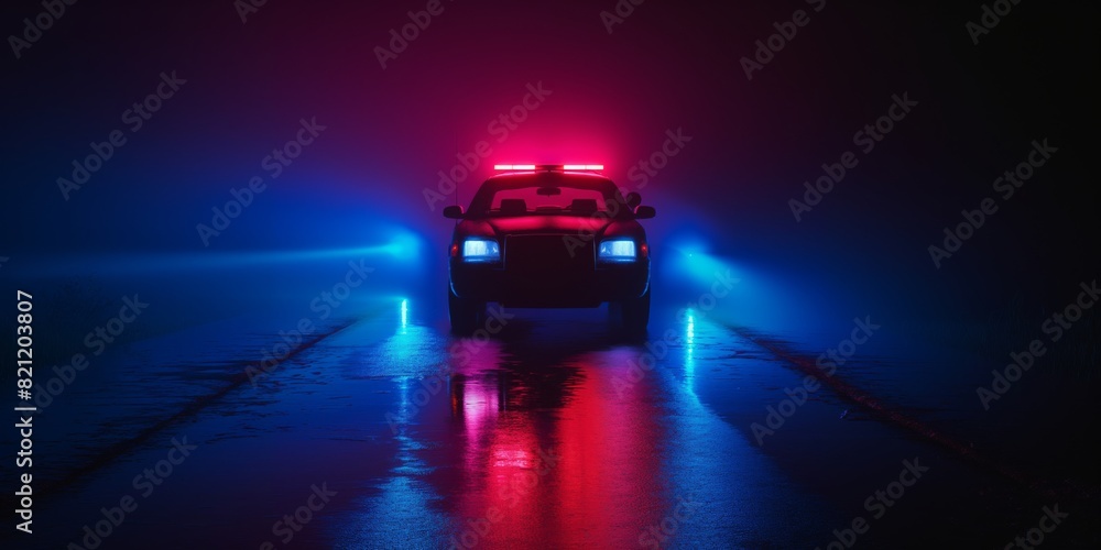 A police car with red and blue flashing lights illuminated in the darkness on a rainy road A police car with red and blue flashing lights illuminated in the darkness on a rainy road