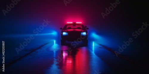 A police car with red and blue flashing lights illuminated in the darkness on a rainy road