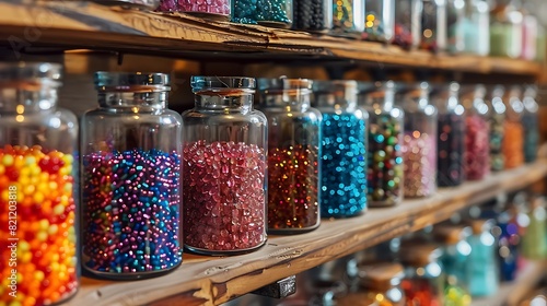 A shelf lined with jars of colorful glass beads for jewelry-making