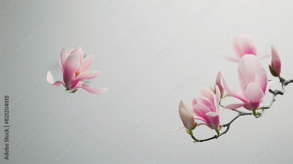 A minimalist composition of a pink magnolia branch with a few select flowers in focus, set against a soft, white background to highlight the simplicity and elegance of the blooms. A minimalist composition of a pink magnolia branch with a few select flowers in focus, set against a soft, white background to highlight the simplicity and elegance of the blooms.