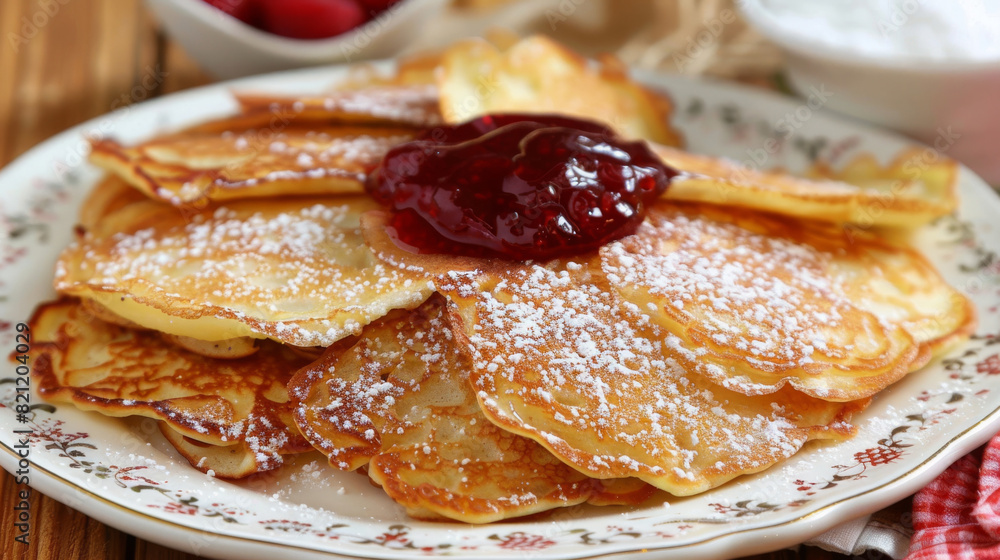 Authentic ukrainian crepes stacked on a decorative plate, topped with luscious berry jam and a dusting of powdered sugar, ready to enjoy Authentic ukrainian crepes stacked on a decorative plate, topped with luscious berry jam and a dusting of powdered sugar, ready to enjoy