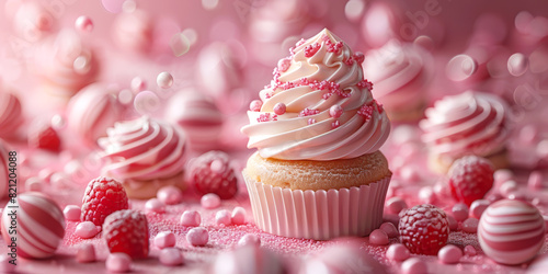 Single pink cupcake with swirled frosting and sprinkles, surrounded by candies and raspberries.