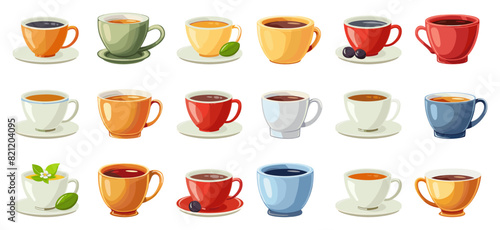 Cartoon Tea Cups. Simple Vector Illustration in Cartoon Style on White Background. Tea Mugs, Ceramic Cups, Porcelain Teacups, Beverage Containers, Drinkware, Tea Party Icons, Hot Drink Vessels