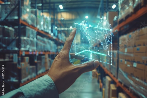 Futuristic Augmented Reality Device Managing Warehouse Logistics with Holographic Inventory Displays