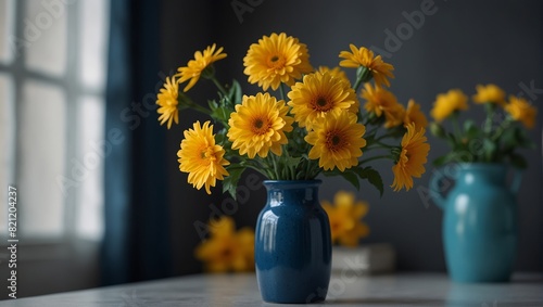 A group of yellow flowers in a blue vase on top of white table,. © DEER FLUFFY