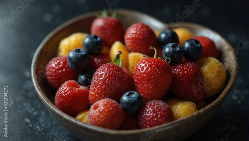 A heart shaped bowl full of fresh fruit. Healthy eating and diet concept.