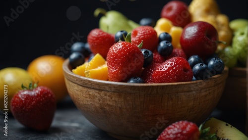 A heart shaped bowl full of fresh fruit. Healthy eating and diet concept.