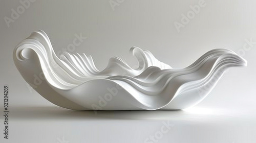 Produce a modern and polished wave sculpture with fluid contours and sculpted three-dimensional features displayed on a pure white surface. photo
