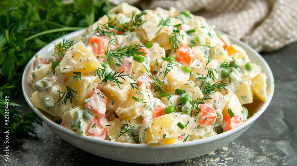 Traditional ukrainian olivie salad, a colorful bowl filled with potatoes, veggies, peas, and topped with fragrant dill Traditional ukrainian olivie salad, a colorful bowl filled with potatoes, veggies, peas, and topped with fragrant dill