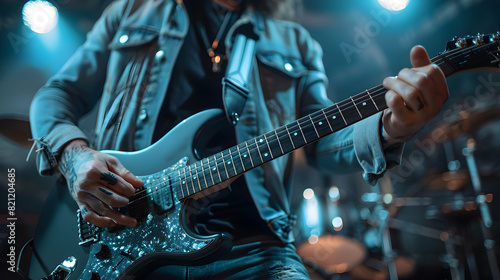 Passionate Musician: Creative Excitement of Playing Electric Guitar   Photo Realistic Concept Capturing the Joy and Artistry of Making Music as a Hobby photo