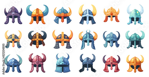 Cartoon Viking Helmets Icons Set. Simple Vector Cartoon Style. Norse Warrior Headgear, Scandinavian Culture, Medieval Helmets, Viking Iconography, Historical Armor, Ancient Norse Symbols, White