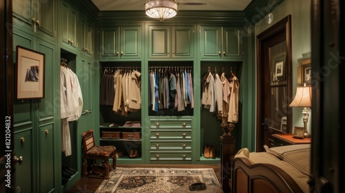 Wide shot of green wardrobe in bedroom interior design. generative ai