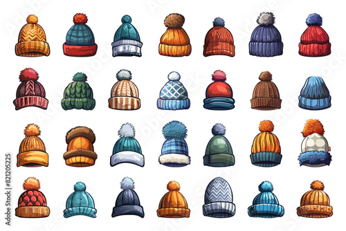 Cartoon Winter Hats Set. Simple Vector Illustration on White Background. Cold Weather Headwear, Winter Caps, Beanies, Knit Hats, Fleece Hats, Woolen Headgear, Fashionable Winter Accessories, Outdoor