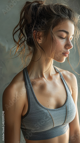 a female fitness model in workout gear, looking down with a smile, softbox lighting creating a flattering glow on her figure. Minimalist style with a neutral-toned backdrop. photo