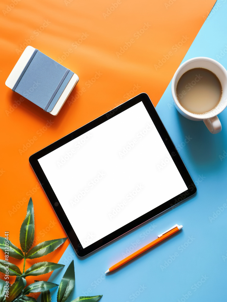 Mockup of tablet with white screen with space for text or graphics on colorful table with utensils and accessories top view
Mockup of tablet with white screen with space for text or graphics on colorful table with utensils and accessories top view