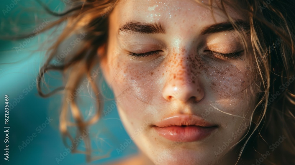 Serene woman's face with closed eyes, enjoying a moment of tranquility. Serene woman's face with closed eyes, enjoying a moment of tranquility.