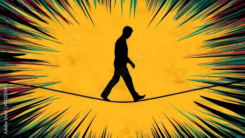  Silhouette of a man walking on a tightrope. The tightrope walk symbolizes the precarious balance required to manage anxiety. Anxiety conceptual illustration. photo