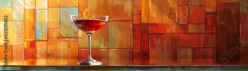 Art Deco cocktail in an elegant, goldaccented glass, with geometric garnishes, Art Deco, Digital Painting
