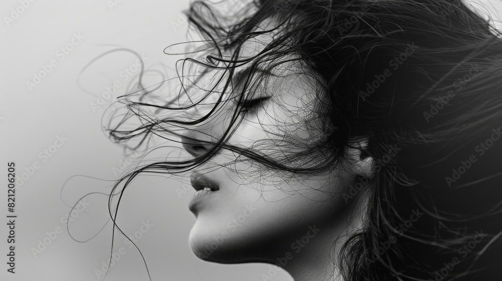 Side profile of a woman's face with wind blowing through her hair, exuding freedom. Side profile of a woman's face with wind blowing through her hair, exuding freedom.