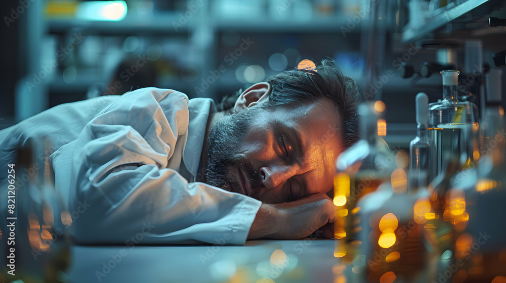 Scientist Asleep in Lab: Dedication to Scientific Discovery with Research Materials, Long Hours Concept Photo Realistic Stock Image Scientist Asleep in Lab: Dedication to Scientific Discovery with Research Materials, Long Hours Concept Photo Realistic Stock Image