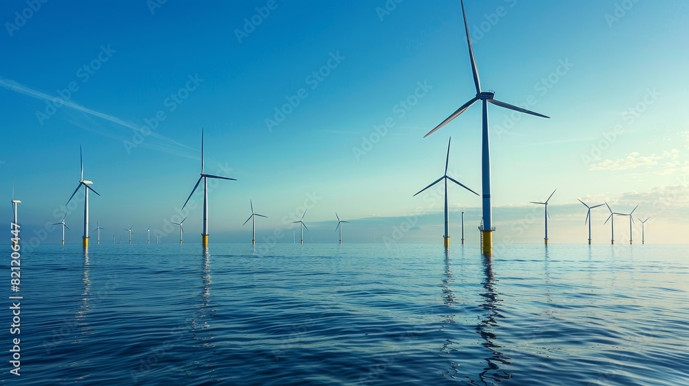 A large number of wind turbines are in the water A large number of wind turbines are in the water