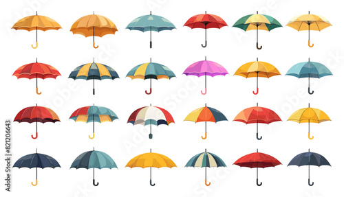 Flat Set of Colorful Umbrellas. Various Types and Colors in Simple Vector Illustration on White Background, Rain Protection, Weather Accessories, Stylish Parasols Collection, Rainy Day Essentials
