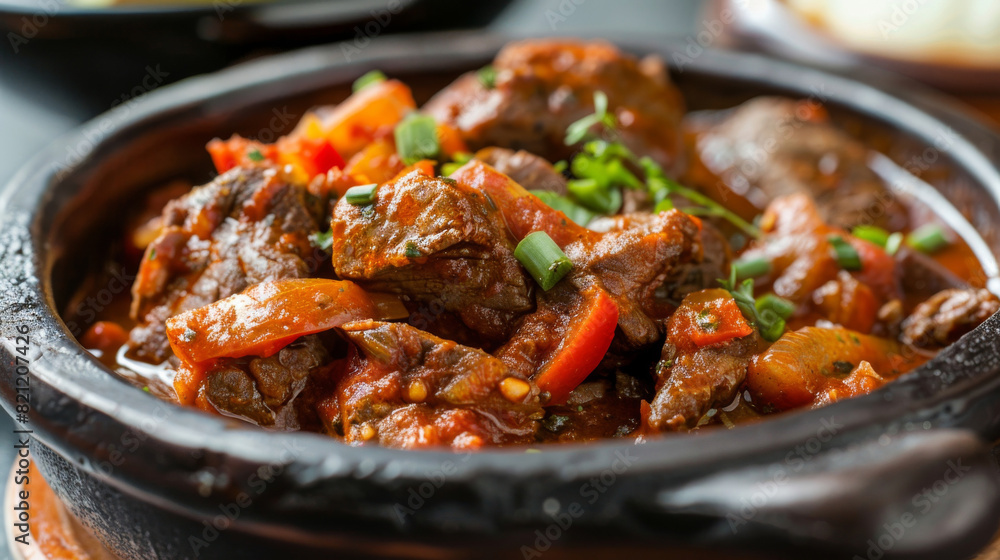 Hearty ukrainian beef stew, garnished with fresh scallions, served in a rustic ceramic pot, symbolizing authentic eastern european cuisine Hearty ukrainian beef stew, garnished with fresh scallions, served in a rustic ceramic pot, symbolizing authentic eastern european cuisine