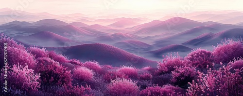 Moorland with blooming heather flat design side view purple bloom theme water color Analogous Color Scheme photo