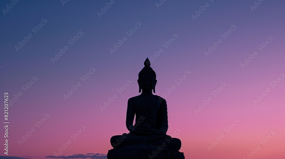 Silhouette of a meditating Buddha statue with a gradient twilight sky. Silhouette of a meditating Buddha statue with a gradient twilight sky.