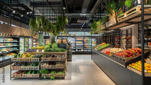 Eco-friendly supermarket with sustainability initiatives, reduced packaging and renewable energy, sleek and vibrant design 