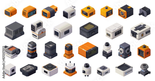 Isometric Style Sensor Icons Set. Pressure, Temperature, Speed, Motion, Rotation, Humidity, Lightness. Various Types of Sensors for Monitoring, Control, Automation. Isolated Illustrations on White