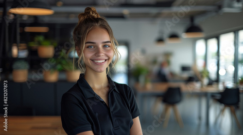 A smiling female IT professional in black polo shirt, standing in an IT office. Generative AI.