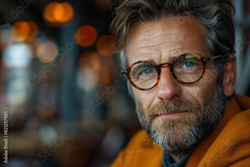 A mature man with stylish eyewear posing in a café atmosphere with warm tones and soft lighting