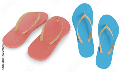Pair of flipflop and pair of blue slippers isolated over white background