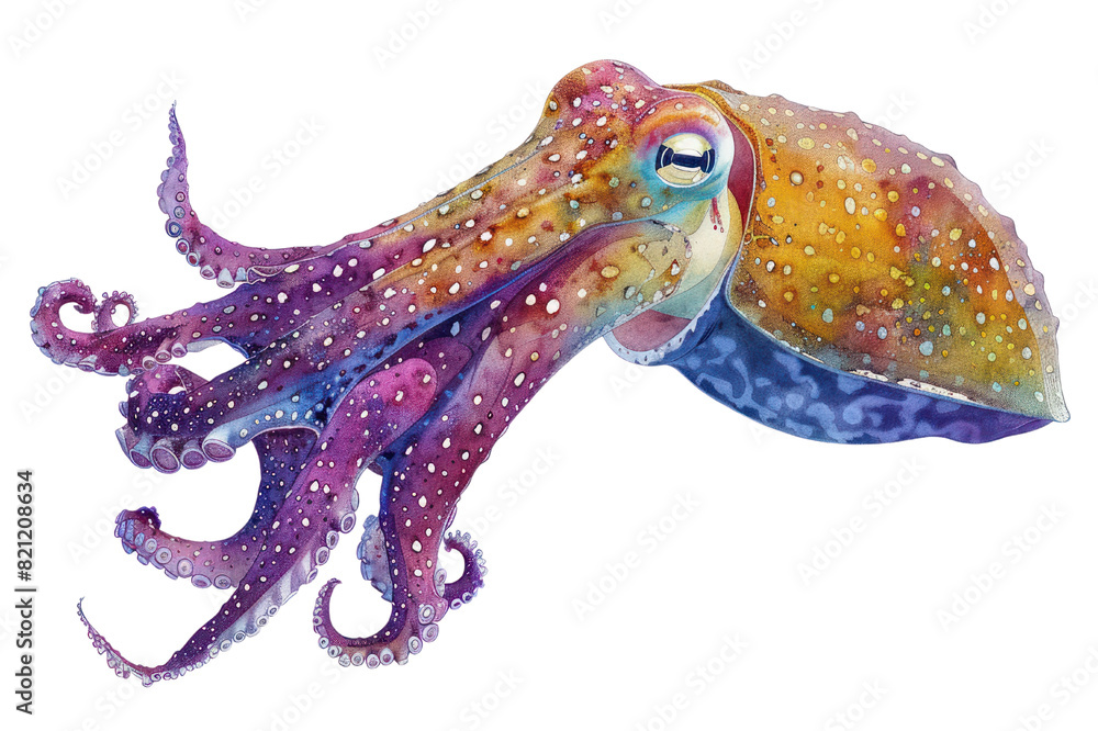 Fototapeta premium Cuttlefish, Pastel-colored, in hand-drawn style, watercolor, isolated on white background