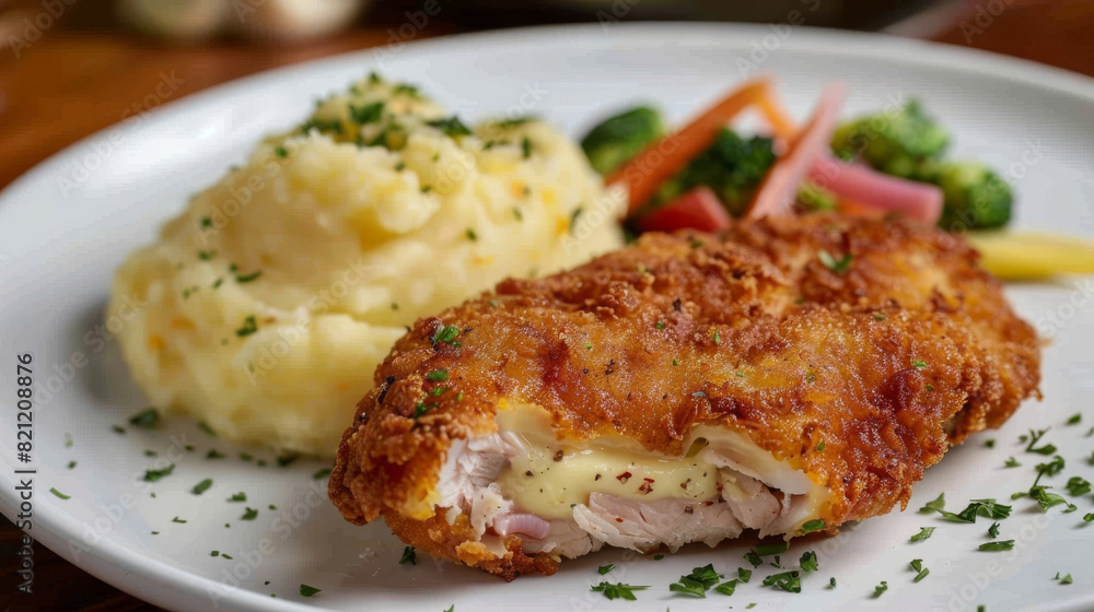 Classic ukrainian chicken kiev with creamy mashed potatoes and fresh garden vegetables served on a rustic wooden table