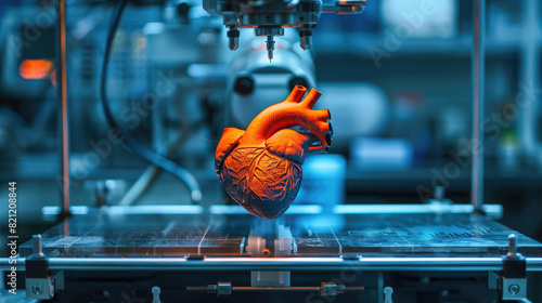 3D printer creating a detailed model of a human heart in a lab, showcasing advanced medical manufacturing technology. #821208844