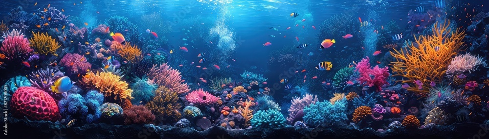 Fototapeta premium Night dive in Coral Reef flat design top view nocturnal marine life theme animation Tetradic color scheme