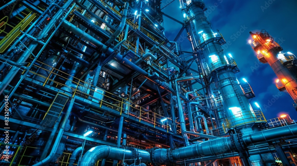 Capturing the Essence of Petrochemical Processing: Explore the intricate machinery and processes involved in refining petroleum and natural gas into essential raw materials --ar 16:9