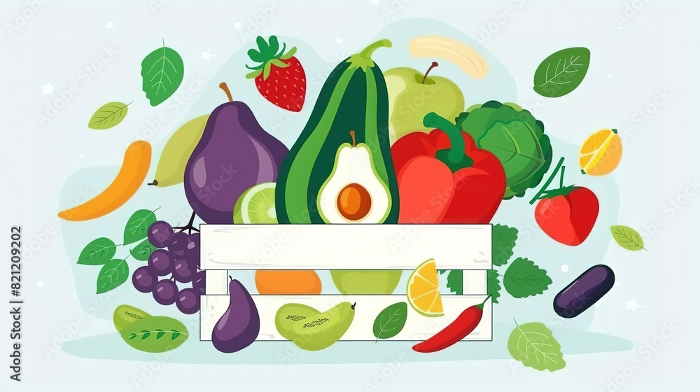Colorful illustration of a crate full of fresh fruits and vegetables Colorful illustration of a crate full of fresh fruits and vegetables
