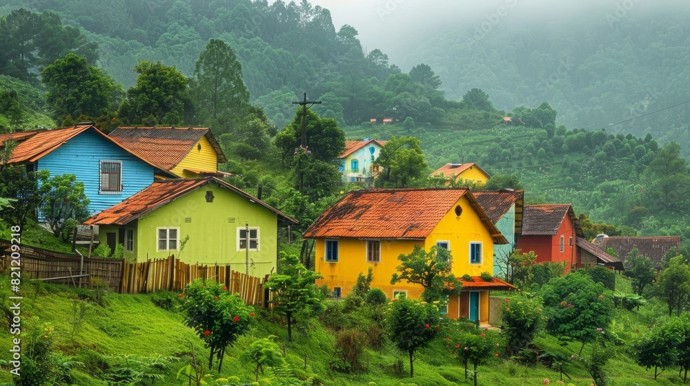 Obraz premium vibrant colors of houses and the lush green of the landscape generative ai
