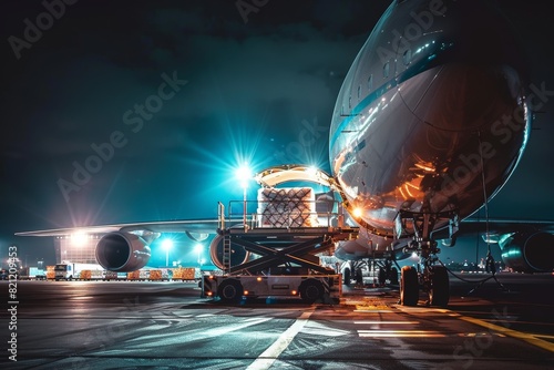 Dynamic Nighttime Cargo Airplane Loading Under Bright Airport Lights Showcasing Fast-Paced Air Cargo Transport photo
